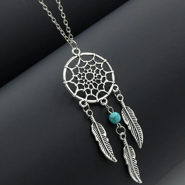 New Fashion Dream Catcher Pendant Necklace Feather Blue Beads Bohemia Women Chain Necklace Collares Jewelry Wholesale Party Gift