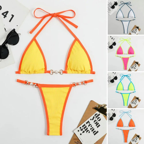 2 Pcs/Set Women Bikini Set Three-point Exposed Backless Lady Swimsuit Halter Neck Women Swimwear Lace Up Faux Pearl Bathing Suit