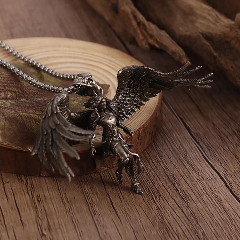 Creativity Vintage Mysterious Temple Statue Wings Angel Pendant Necklace for Men Trend Domineering Punk Jewelry Gift