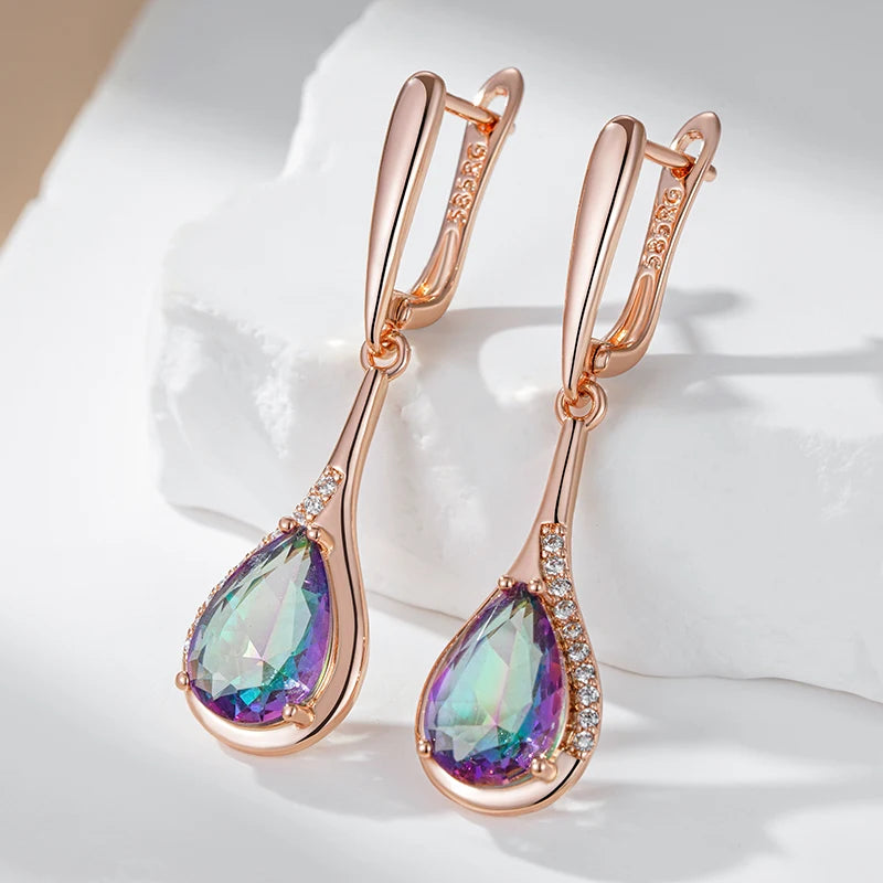 Kinel Trendy Water Drop Colorful Natural Zircon Long Drop Earrings for Women 585 Rose Gold Color Unusual Daily Fine Jewelry Gift