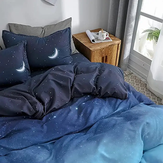 Night Starry Sky Bedding Set Galaxy Moon and Star Duvet Cover Blue Gradient Color Comforter Cover Soft Reversible Quilt Cover