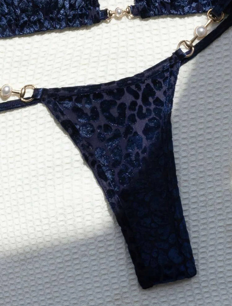 2024 Brazilian Summer Women Leopard Pearl Bathing Suit Beachwear Thong Two Pieces Set Special Fabric Halter Neck Swimwear Bikini