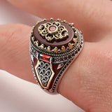 2024 Vintage Carved Pattern Red Zircon Stone Rings For Men Accessories Anniversary Party Gift Fashion Jewelry Handmade Men Rings