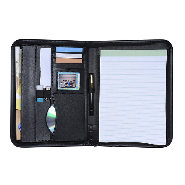 Business Portfolio Padfolio Folder Document Case Organizer A4 PU Leather Zippered Closure with Business Card Holder