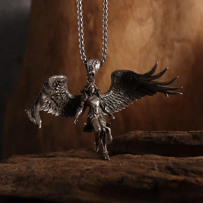 Creativity Vintage Mysterious Temple Statue Wings Angel Pendant Necklace for Men Trend Domineering Punk Jewelry Gift