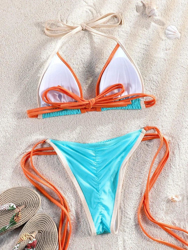 Mini Bowknot Bikinis Set for Women Patchwork Swimsuit Summer Beach Wear brown Thong Swimwear Swimming Bathing Suit 2024