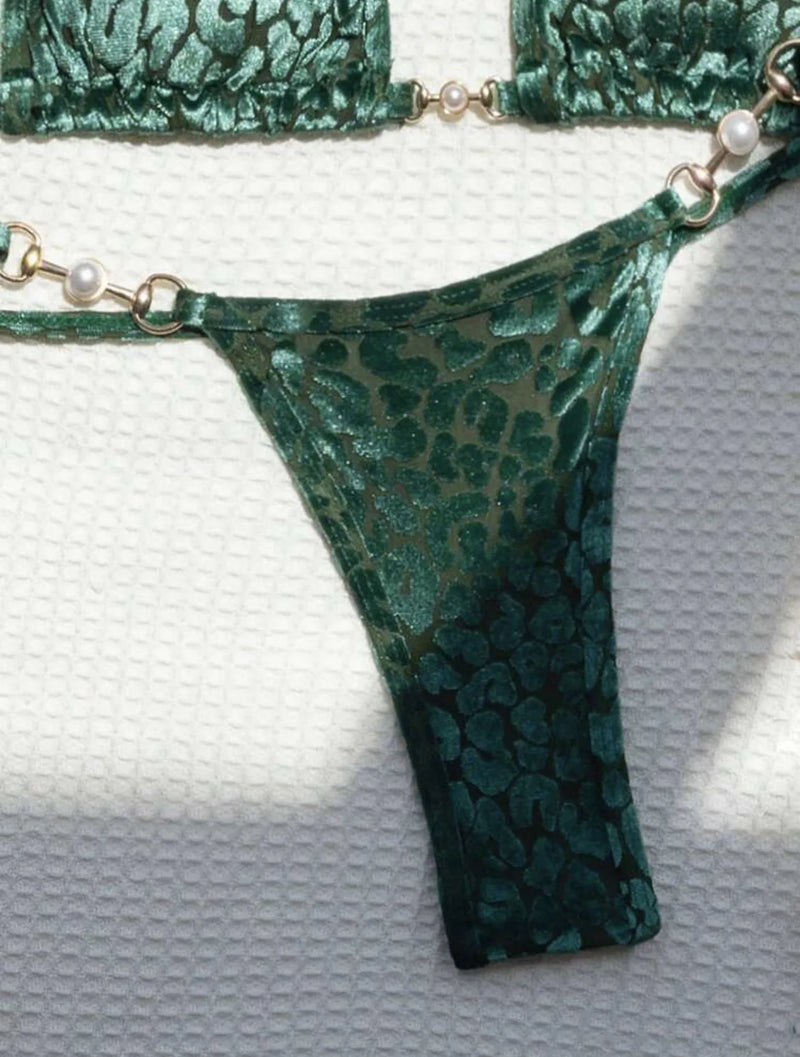 2024 Brazilian Summer Women Leopard Pearl Bathing Suit Beachwear Thong Two Pieces Set Special Fabric Halter Neck Swimwear Bikini