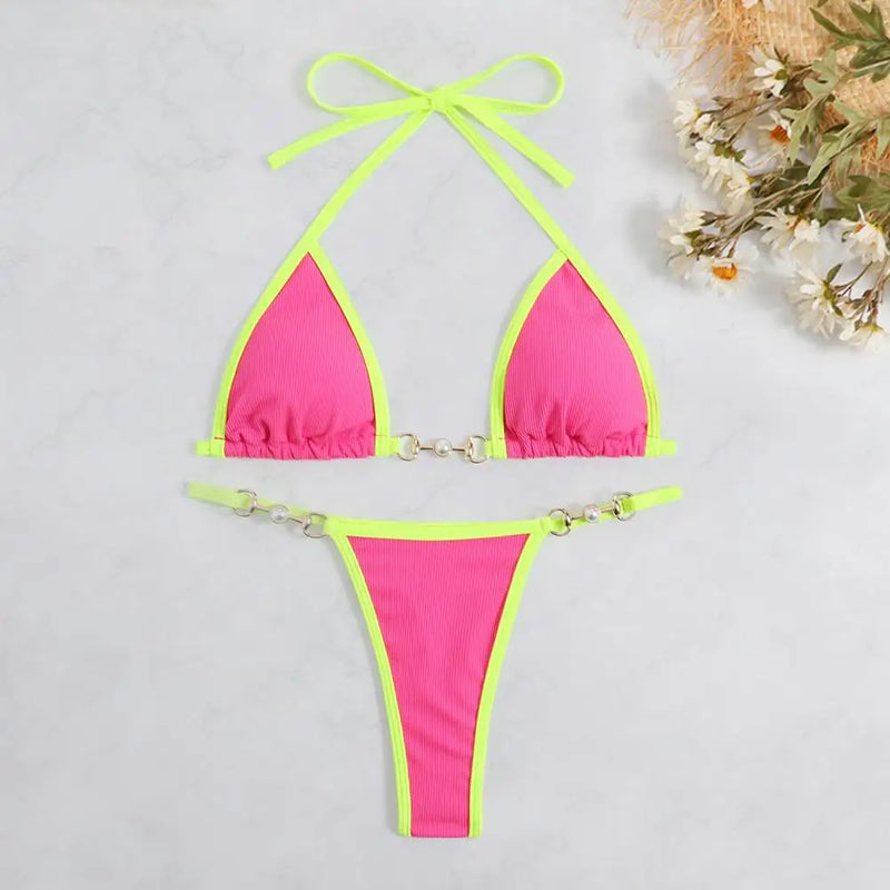 2 Pcs/Set Women Bikini Set Three-point Exposed Backless Lady Swimsuit Halter Neck Women Swimwear Lace Up Faux Pearl Bathing Suit