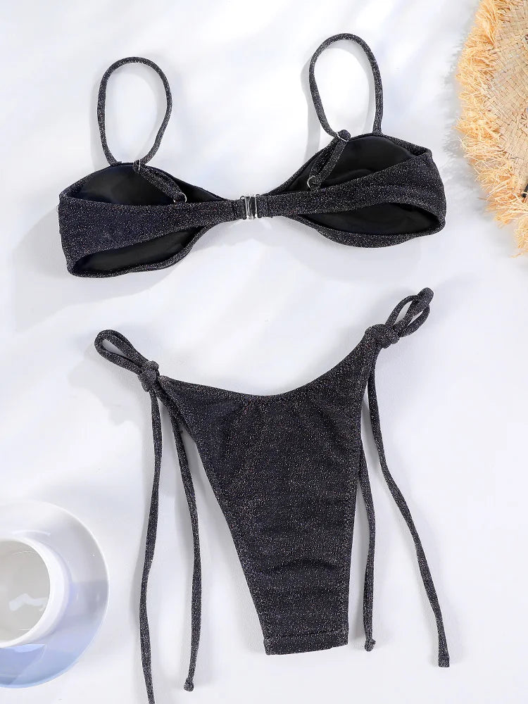 String Black Shiny Swimsuit With Ties 2024 Bikini Sexy Swimwear Women Bathing Suit Brazilian Bikini Solid Color Beachwear