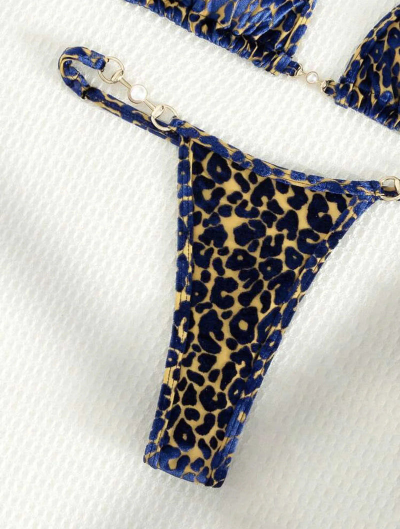 2024 Brazilian Summer Women Leopard Pearl Bathing Suit Beachwear Thong Two Pieces Set Special Fabric Halter Neck Swimwear Bikini